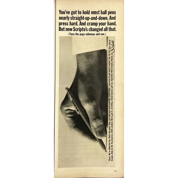Scripto Ball Pens *We tilted the tip. Now hold your hand naturally Print Ad 1963 - Picture 1 of 3